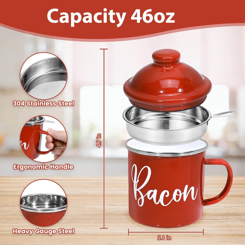 Bacon Grease Container with Strainer - 46oz Enamel 46oz, Red