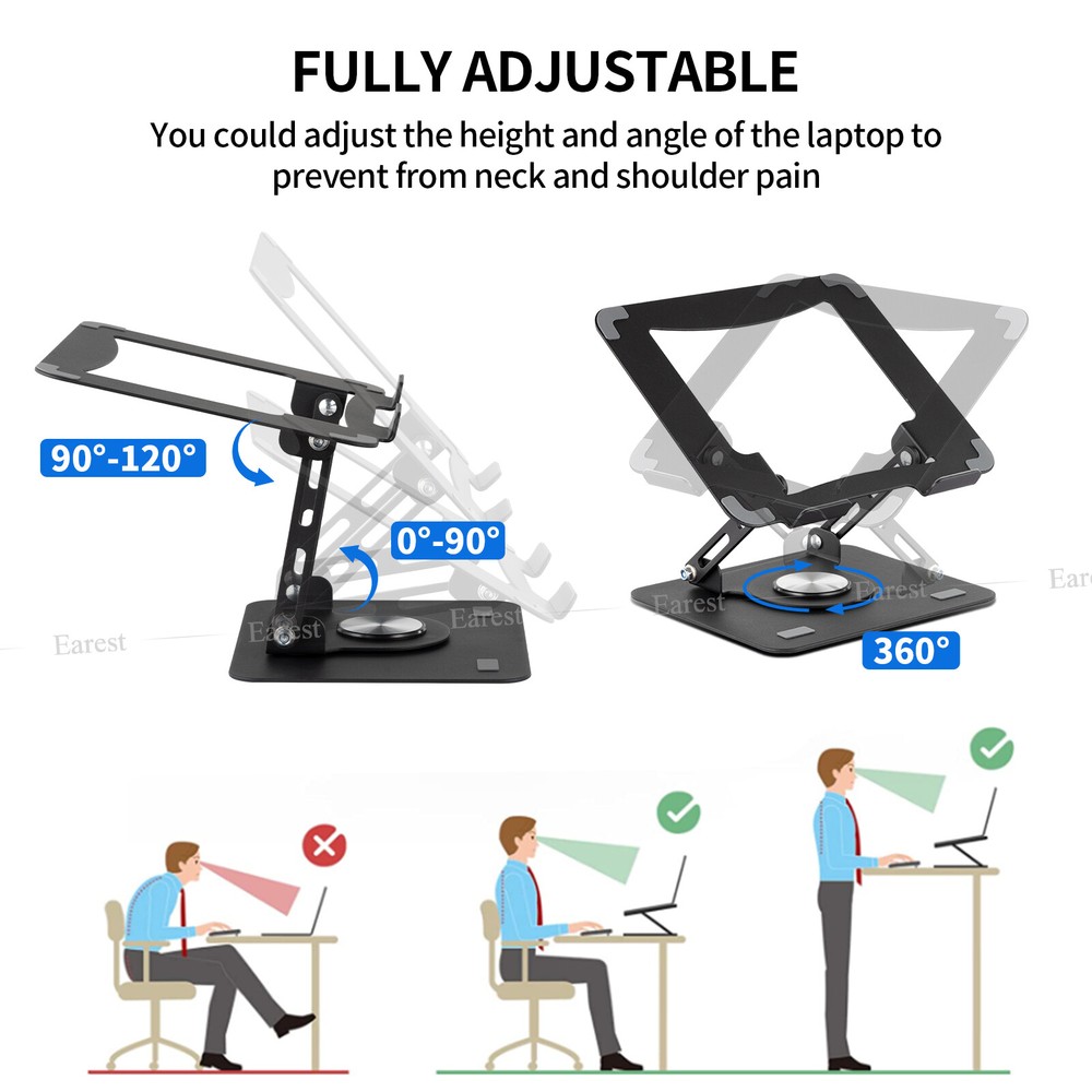 360° Rotating Metal Laptop Stand Riser Foldable Computer Notebook Holder Desk