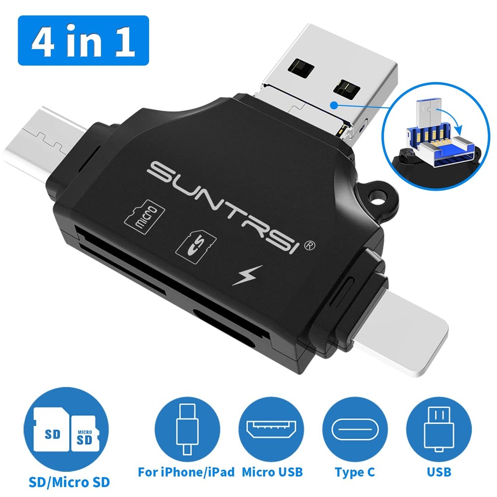 4 in 1 SD Card Reader for iPhone ipad Android Mac PC Camera,Micro black