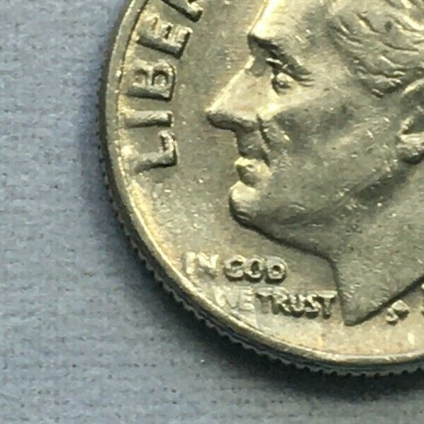1966 Roosevelt Dime Strike Error Weak IN and WE