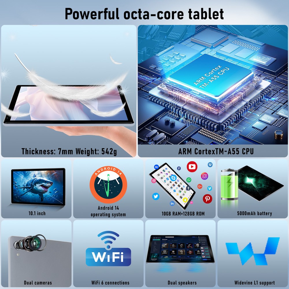 10.1 inch Android 14 Tablet 10+128GB IPS Touchscreen Octa-core Processor Wi-Fi