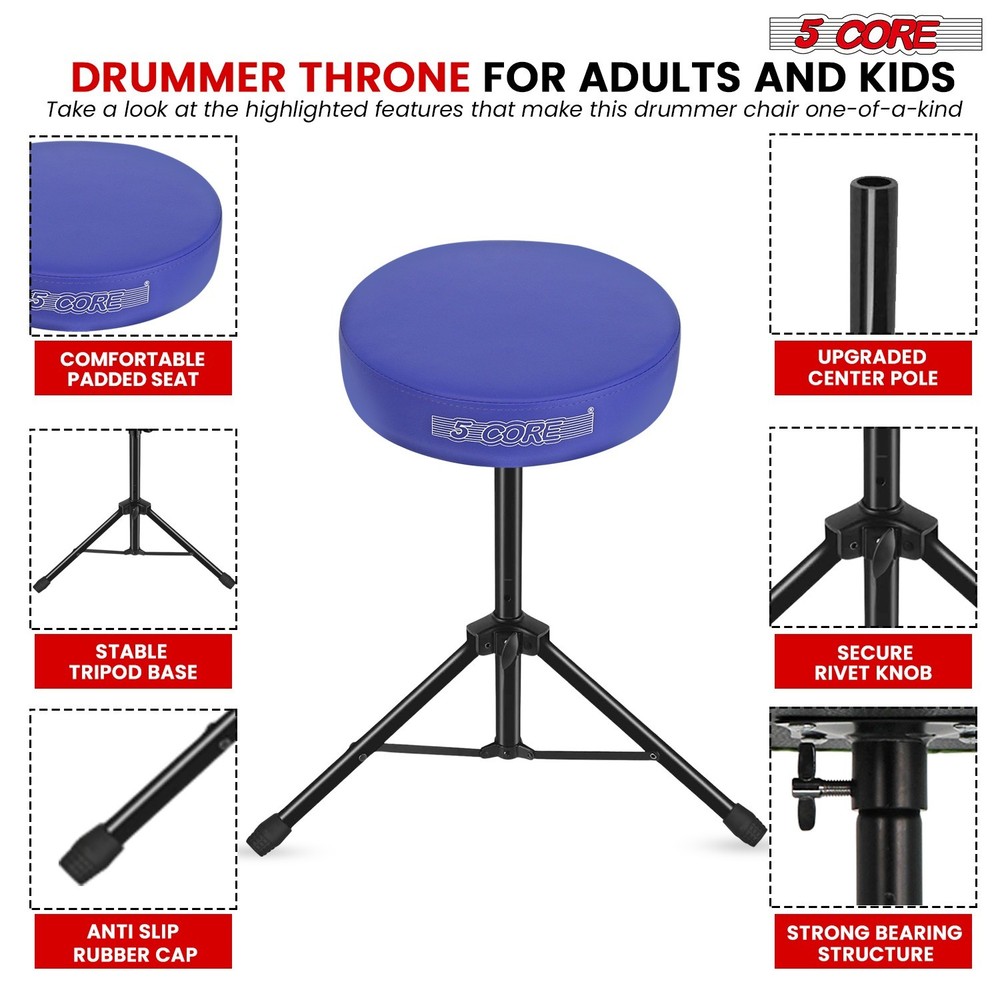 5 Core Drum Throne 3" Padded Comfortable Guitar Stool Adjustable Drummer Chair