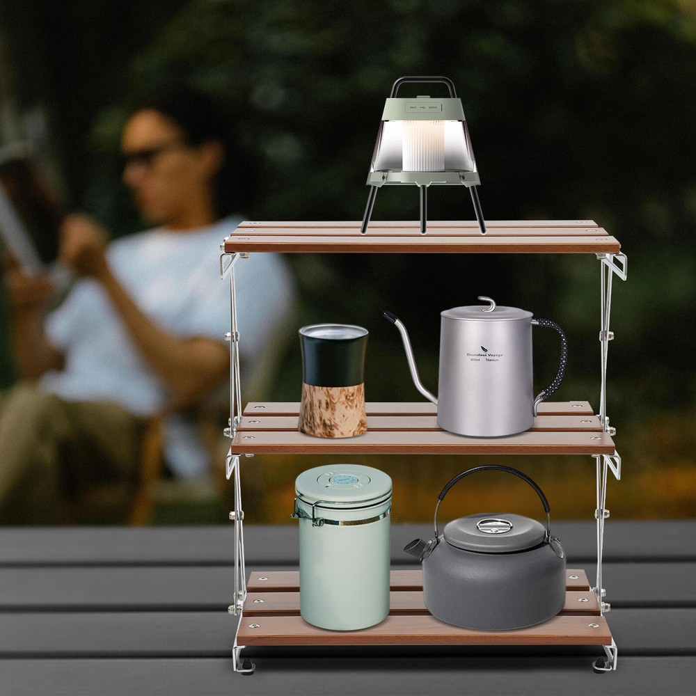 Camping Folding Storage Rack - Portable BBQ Table with 3 Shelves