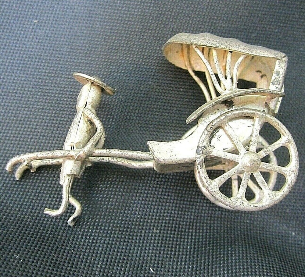 Antique Silver Plated Small Oriental Man Pulls Cart Wheels Move Rickshaw