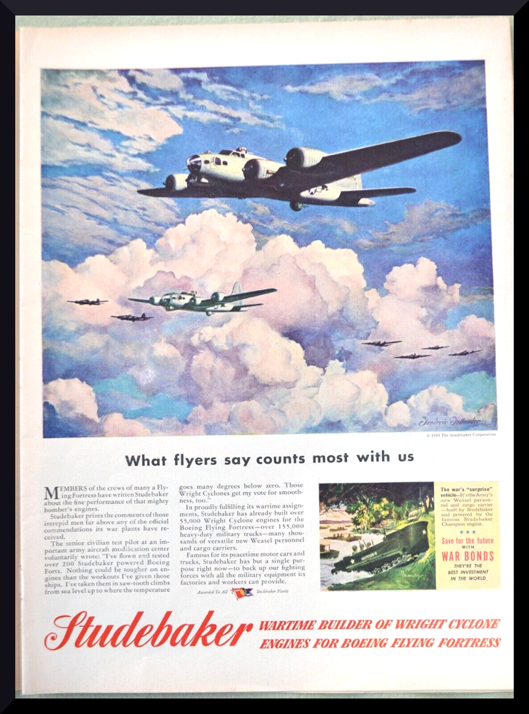 1945 WWII Boeing B-17 Studebaker Wright Cyclone Engine photo pulp art print ad