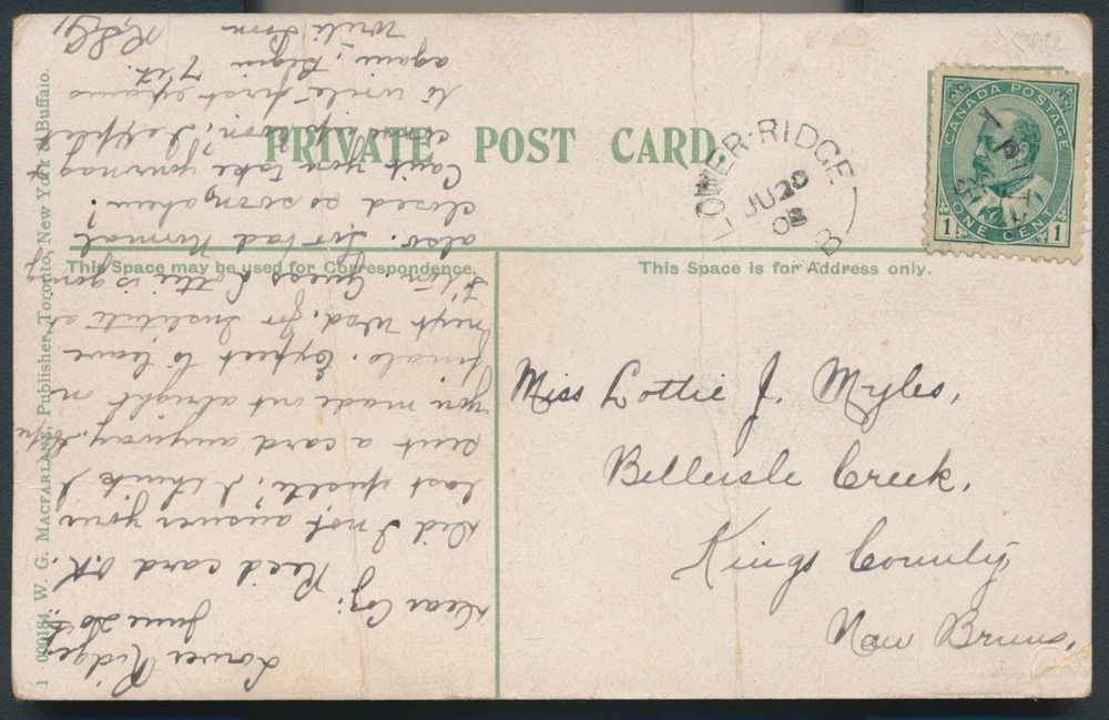 Lower Ridge, NB- 1908 Split Ring Cancel on Postcard