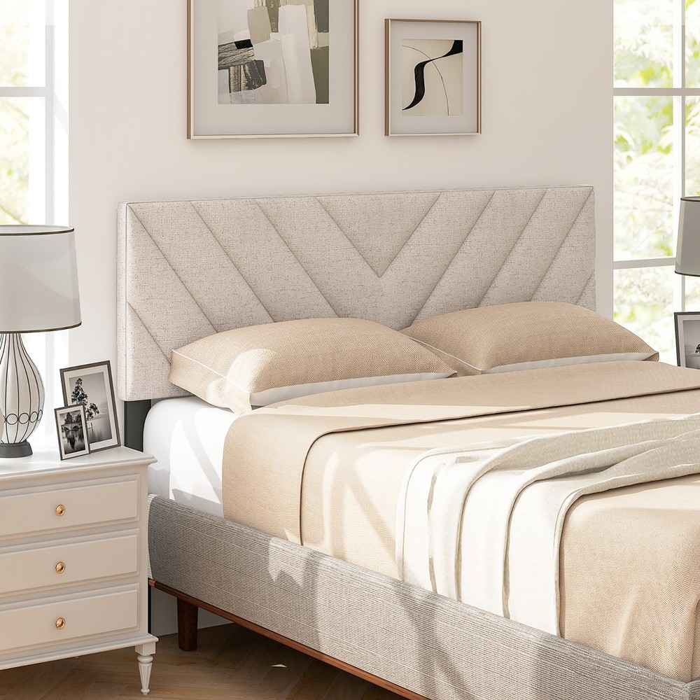 Linen Fabric Upholstered Headboard Rectangular Headboard w/ Solid Wood Legs
