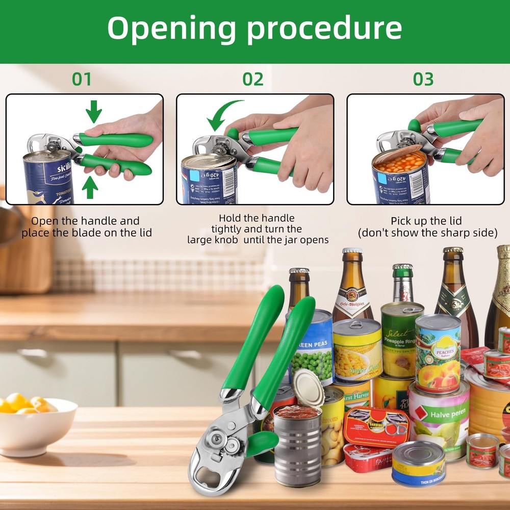 Multi-function Manual Can Opener Bottle Opener, Double Handle, Green