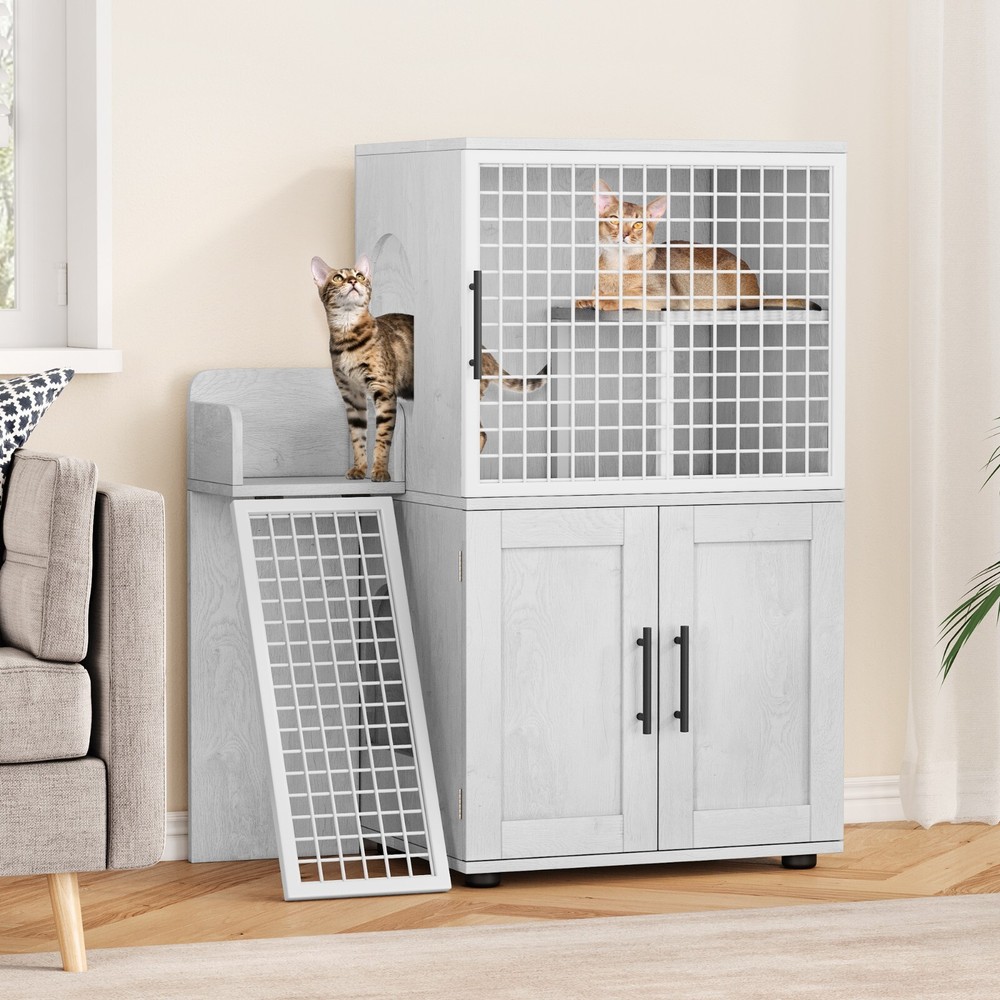 Double Layer Cat Litter Box Enclosure w/Platform & Ladder Indoor White