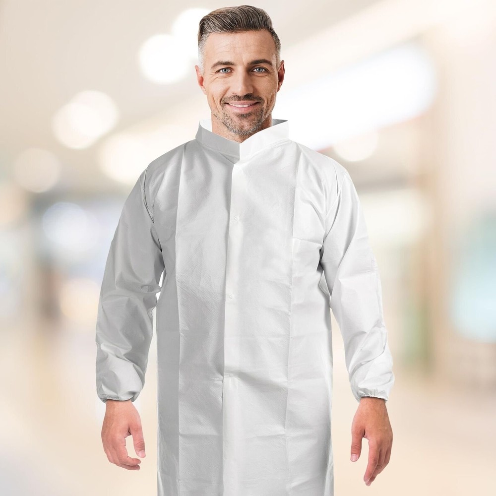White Disposable Lab Coats, Medium, Pack of 30, Adjustable Collar
