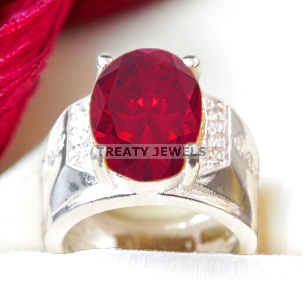 Ruby Oval Cut Gemstone With 14K Solid White Gold Ring For Men's #A520
