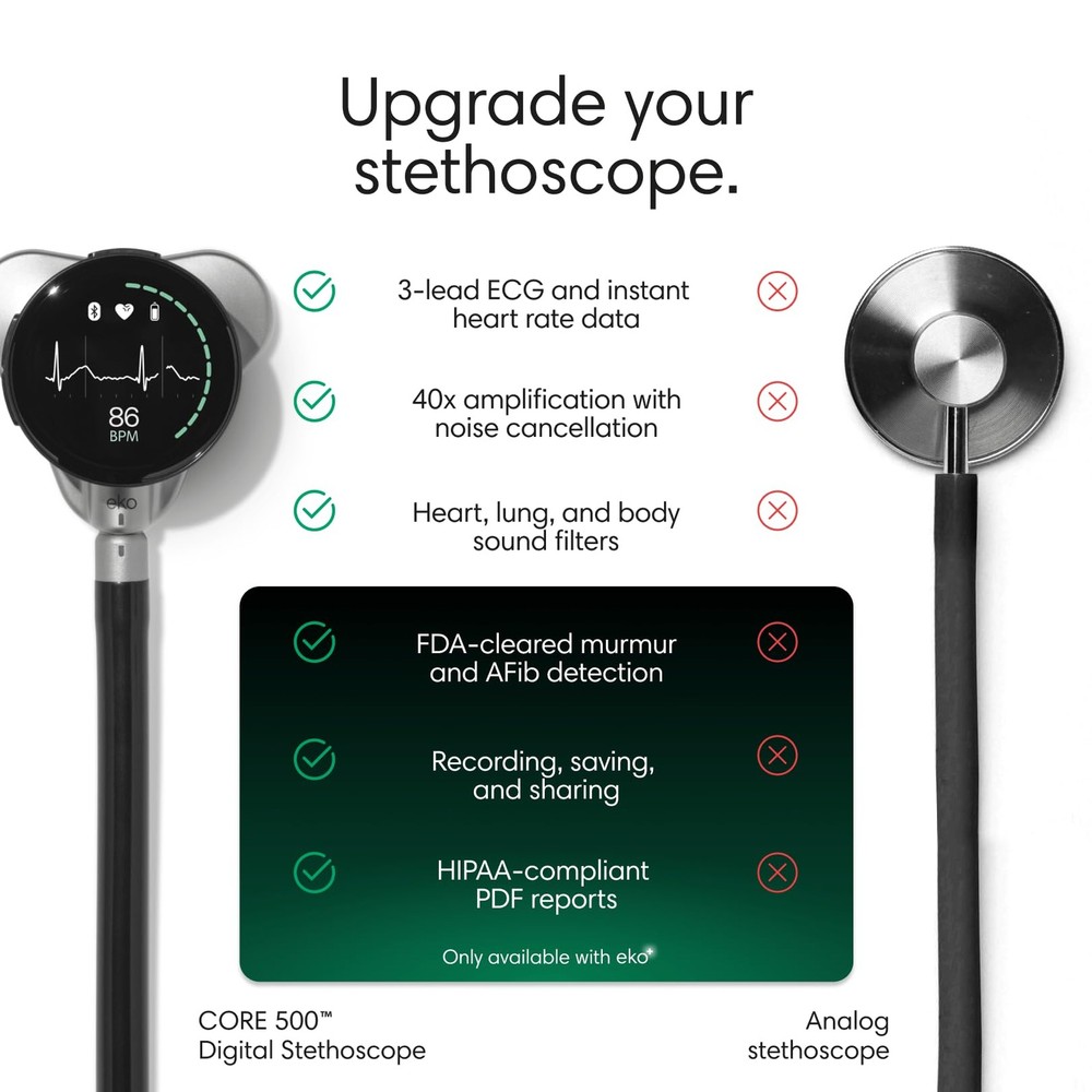 Eko CORE 500™ Digital Stethoscope — 40x Amplification, Active Noise Silver