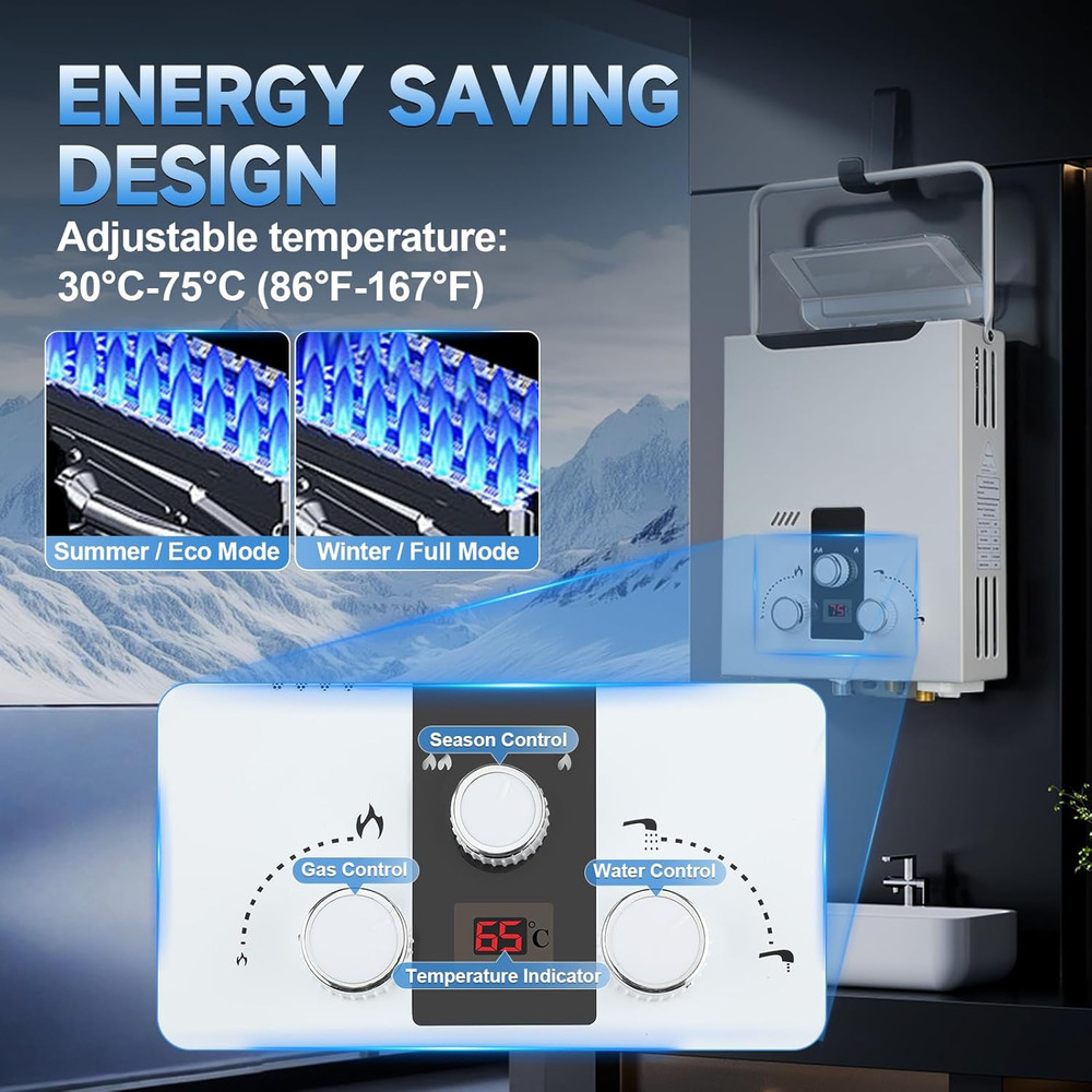 Propane Tankless Water Heater Outdoor, 2.11 GPM 8L, Portable Gas Water Heater wi