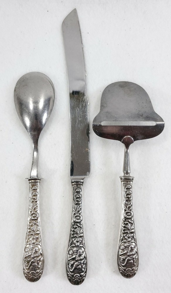 3 Antique Dutch .90 Silver Handled Repousse' Serving Pieces