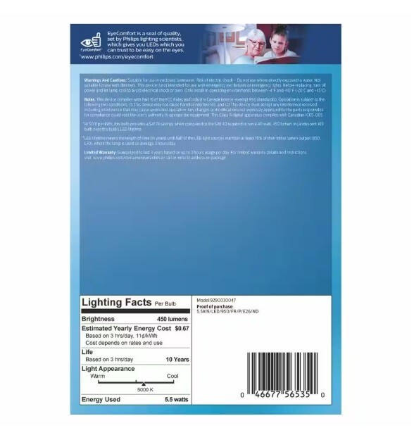 Philips 40-Watt Equivalent A19 Non-Dimmable E26 LED Bulb EyeComfort 5000K 4-Pk