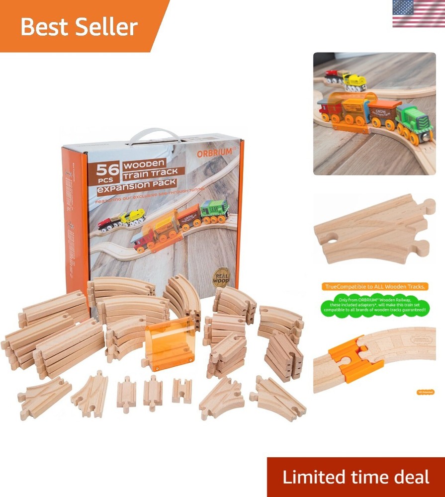 Solid Beech Wood Train Track Expansion Set - 56 Pieces with See-Through Tunnel
