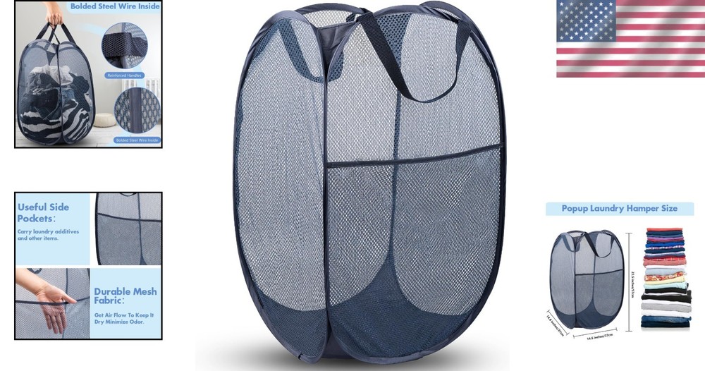Classic Blue Pop Up Laundry Hamper - 70L Capacity for Easy Storage & Transport