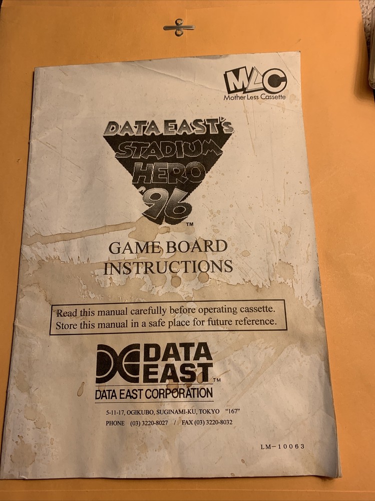 original Stadium hero 96 data East. Arcade video game manual
