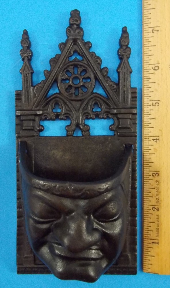 Victorian Cast Iron Match Holder W/Striker Gothic Gargoyle Grumpy Face 7.5"
