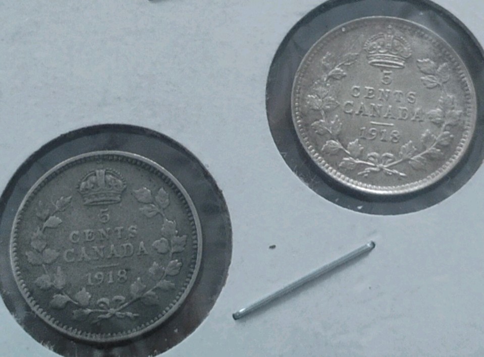 Two 1918 Canada 5 Cent .925 Sterling Silver Coins