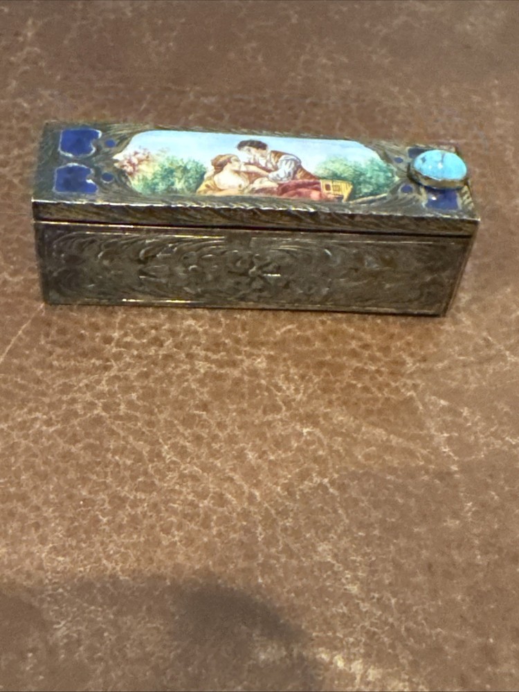 Old Solid Silver 800 Lipstick Case Unique Box Porcelain Polychrome Plaque 20th C