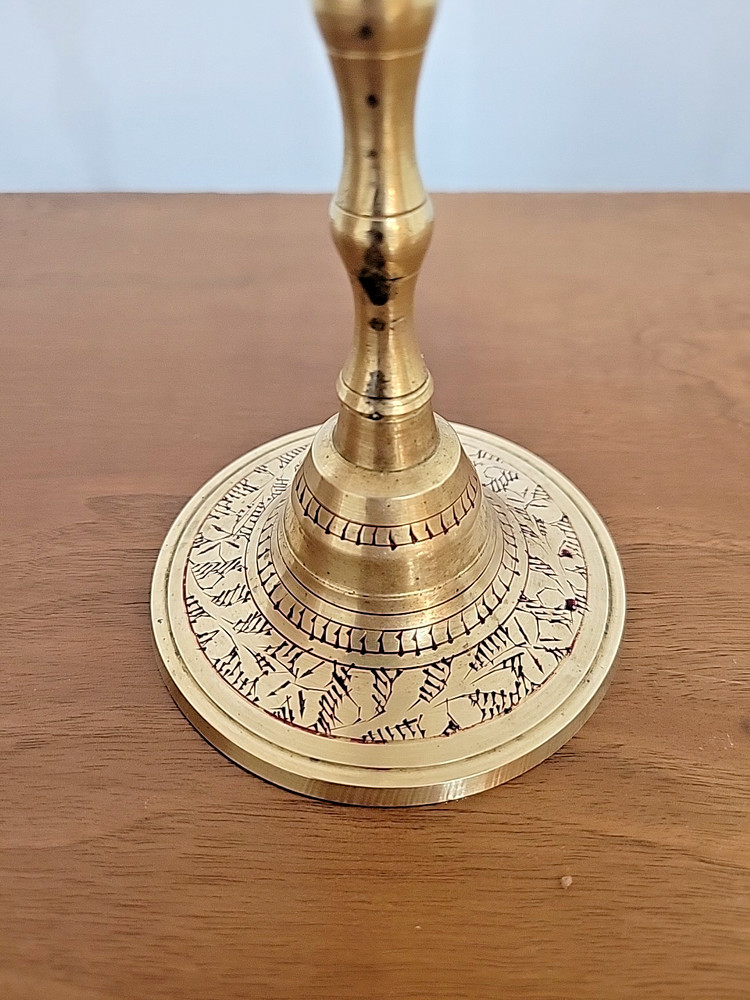 Vintage Brass Etched & Painted Candlesticks 8.5 inches