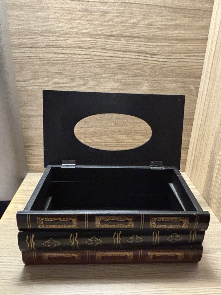 Classical Wooden Book Tissue Box Cover Rectangular (black-top) Hinged