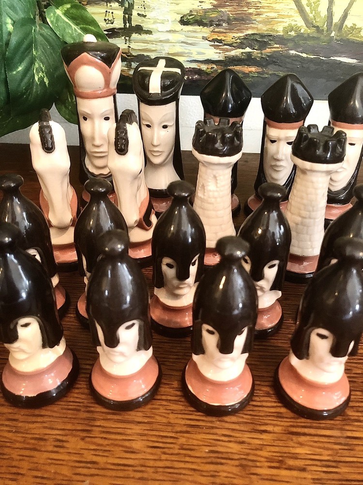 A Hand Painted 34 Pc Medieval Style Ceramic Chess Set Complete & Colorful