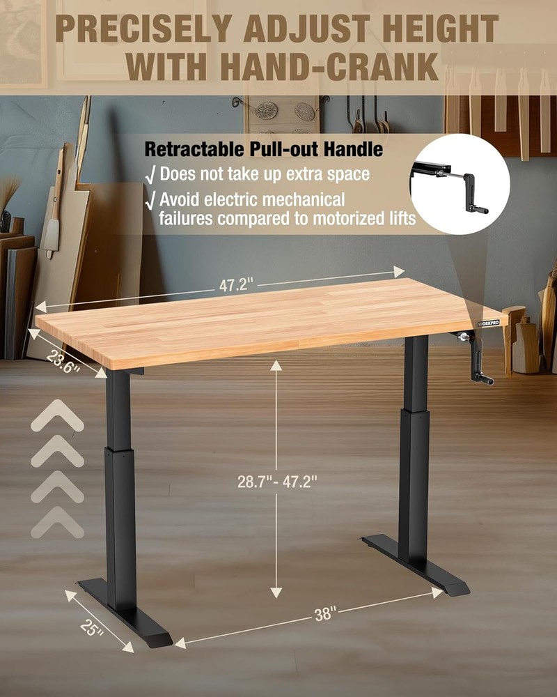 WORKPRO Adjustable Workbench with Crank Handle 47.2"x23.6" Rubber Wood Worktable