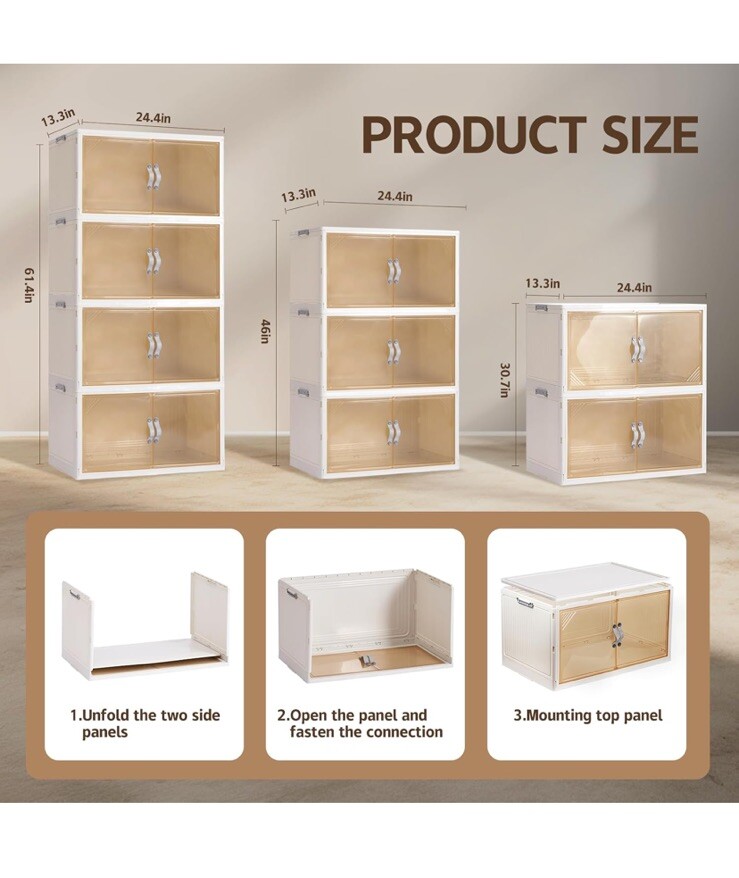 3 Pack - Collapsible Storage Cabinet - Foldable Storage Bins with Doors - 96 QT