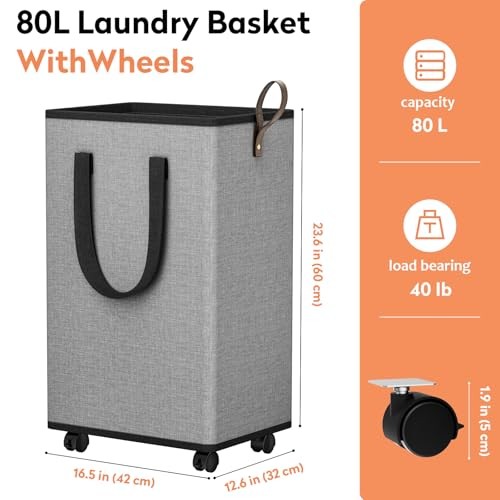 Laundry Basket with Wheels, Collapsible Laundry Baskets, Laundry 80L Grey