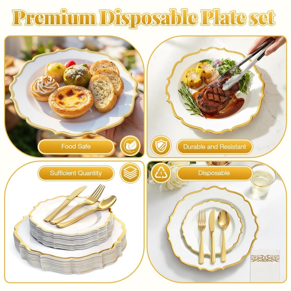 175 Plastic Dinnerware Set,Gold Disposable Dinnerware Set for 25 Guests Inclu...
