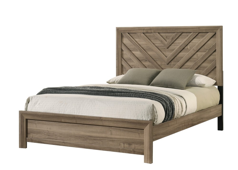 3pc Light Brown King Size Chevron-pattern Panel Bed 2x Nightstand Bedroom Set