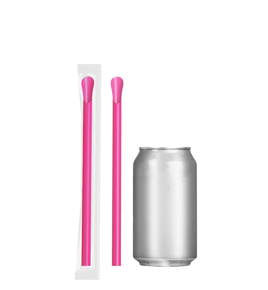 50% WIDER Plastic Spoon Straws - 250 Pack (Individually Wrapped, Pink)