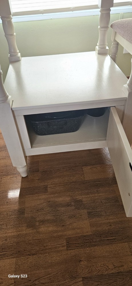 White Square Dining Table Tile Top, Storage Shelf, 4 Chairs Fabric Upholstery