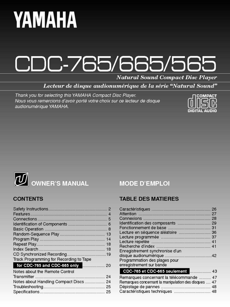 Yamaha CDC-565 CD Player Owners Manual