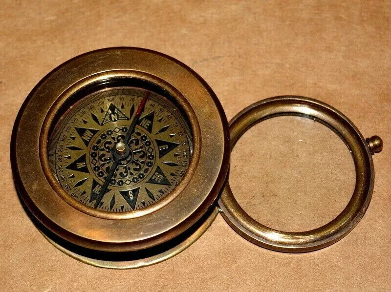 Vintage Brass Compass Nautical Folding Magnifying Glass Map Reader