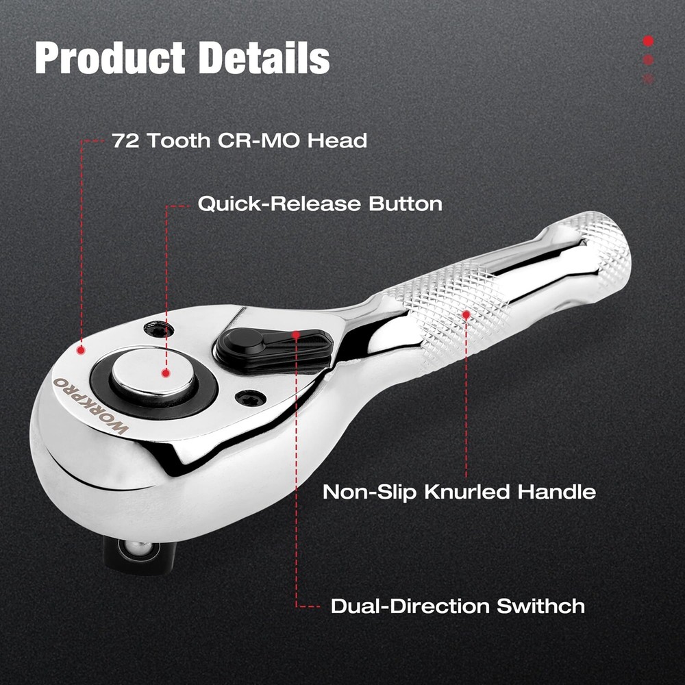 WORKPRO 3PC Stubby Ratchet Set 1/4" 3/8" 1/2" Drive Ratchet Handle Quick Release