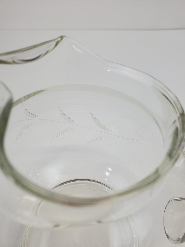 Small Etched Vine Clear Glass Squat Pitcher 5.5"