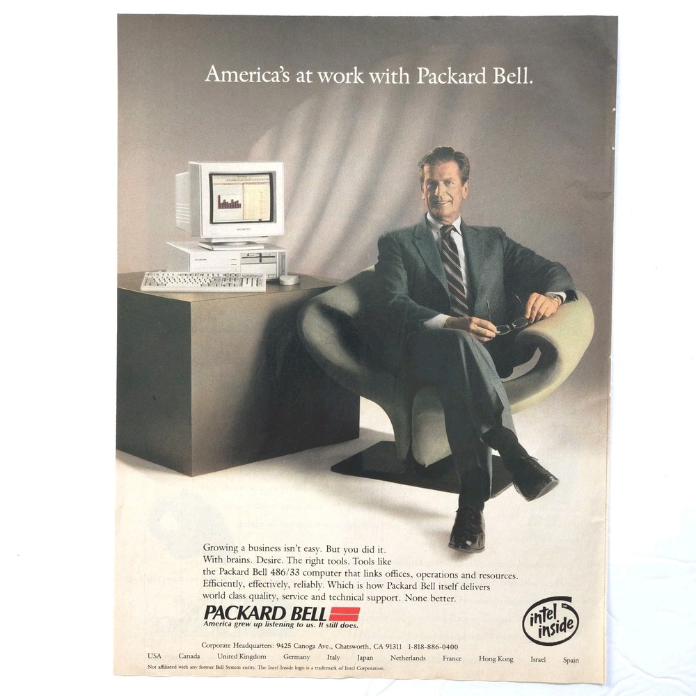 1992 Packard Bell 486 Computer Vintage Print Ad Intel Inside Office Retro Tech