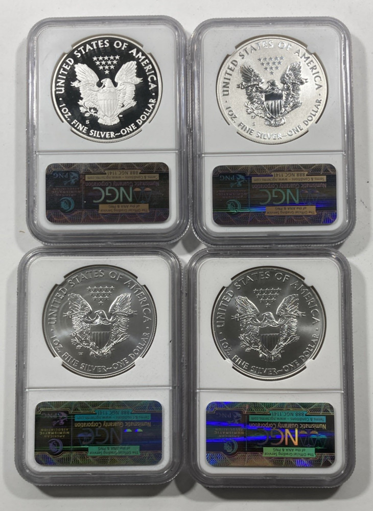 2012 4pc. Silver Eagle 1.00 Set. NGC MS70. All Varieties