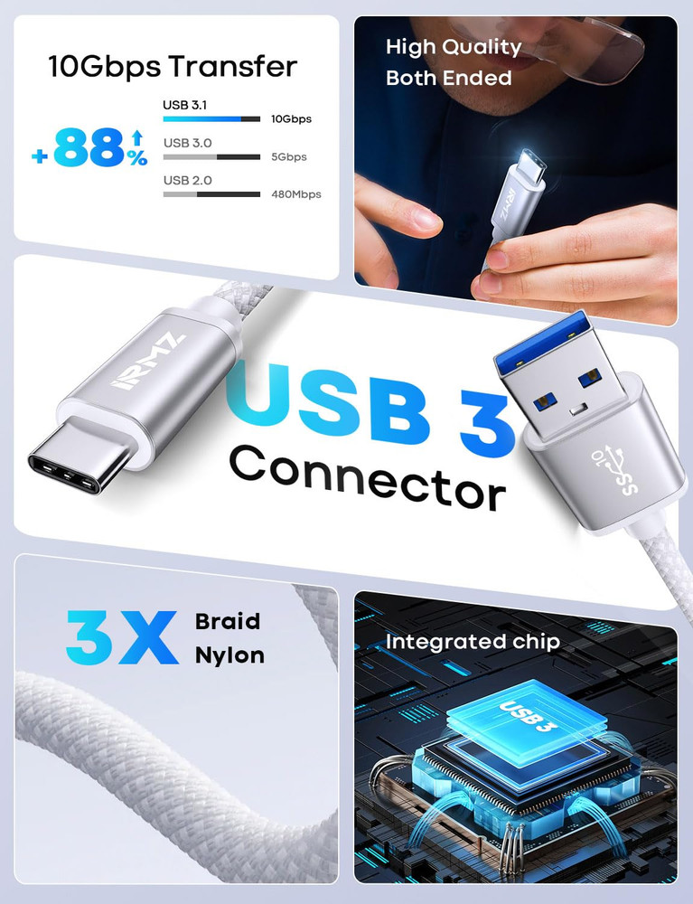White USB C Data Cable, 3ft USB 3.0 to USB C Cable 10Gbps High Speed Data Transf