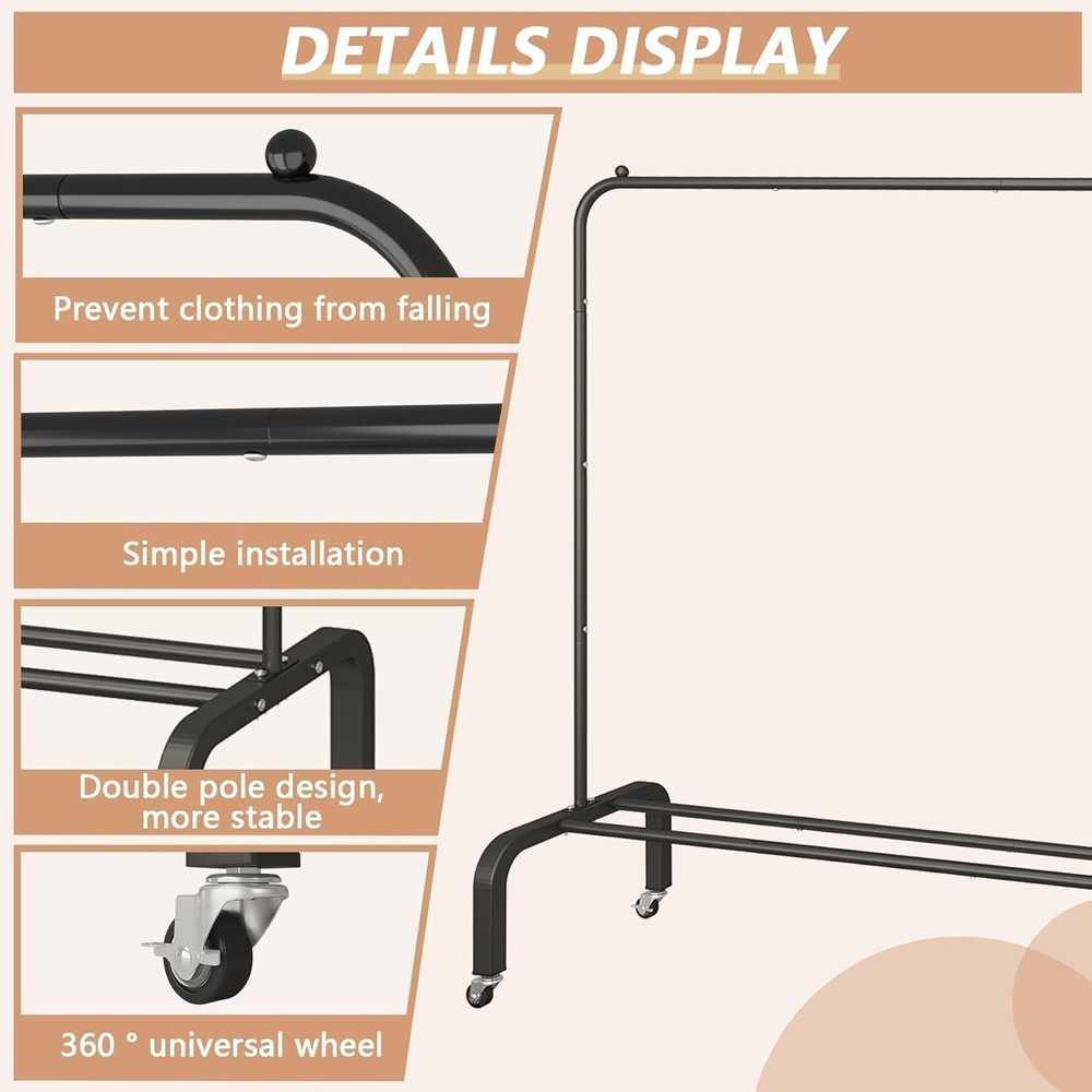 Versatile Black 61” Rolling Clothes Rack with Lockable Wheels and Shelf