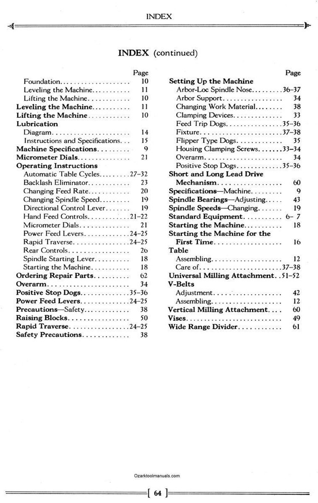 Cincinnati Cinel 60 Horizontal Milling Machine Operator Instructions Manual 1607