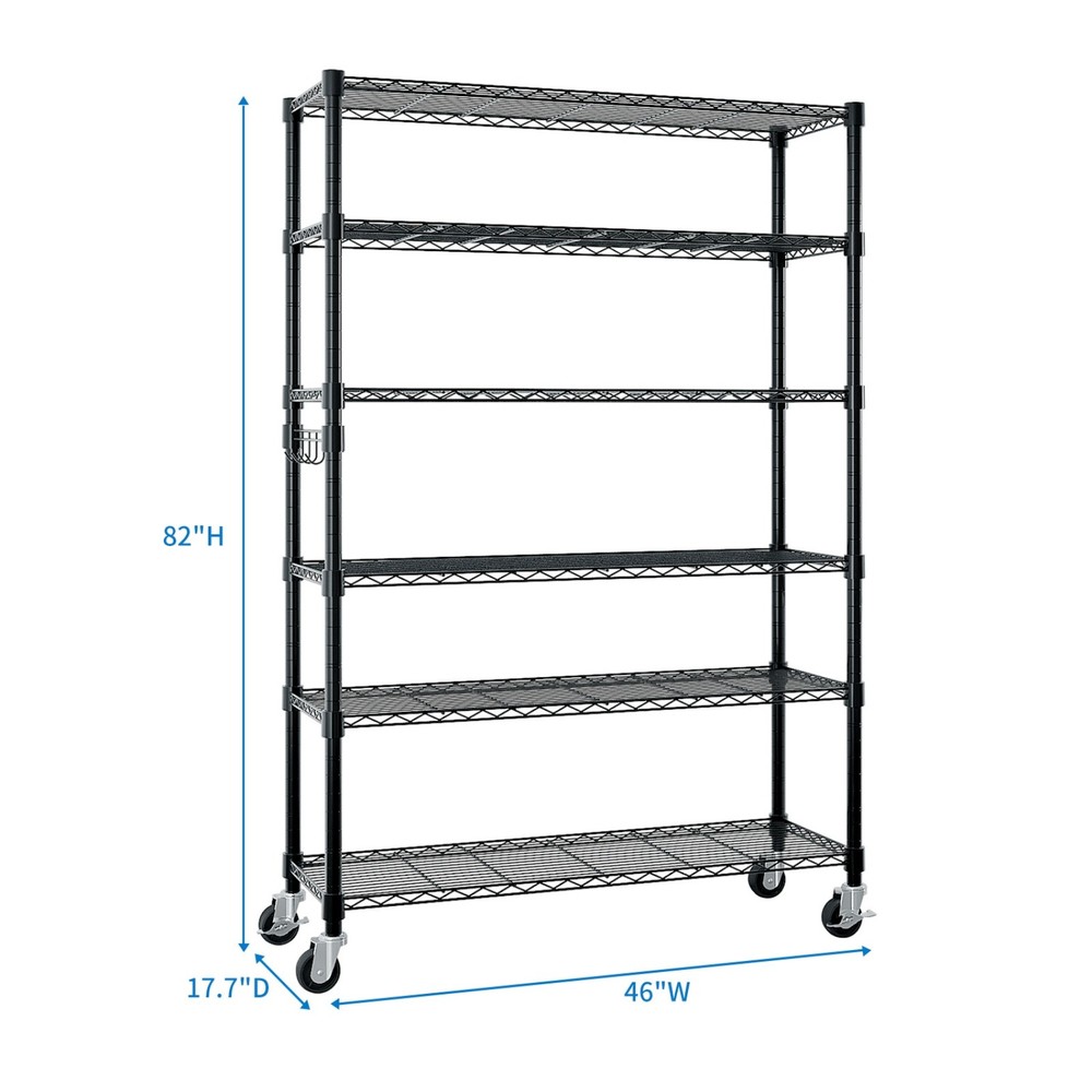 6-Tier Rolling Wire Shelving Unit - Heavy Duty, Adjustable, Hooks & Black