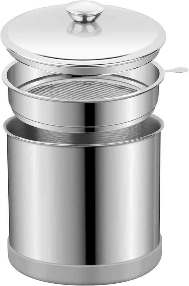 Ohtomber 1.2L Bacon Grease Saver Container with Fine Mesh 1.2L, Silver