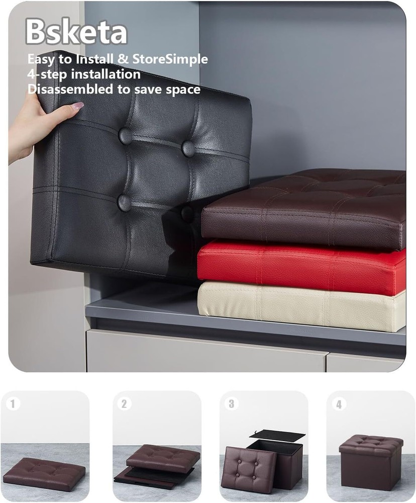 Storage Ottoman, Folding Foot Stool with Thicker Foam Padded Small, Brown