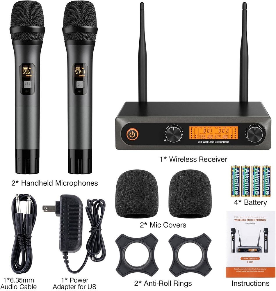 Wireless Microphone,Metal Dual Professional UHF Cordless Dynamic Mic Handheld Mi