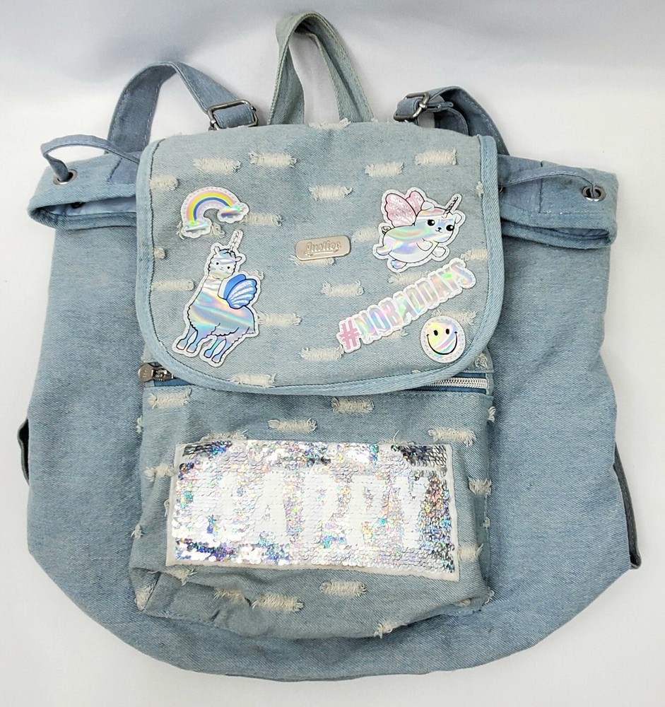 JUSTICE Distressed Denim Unicorns Rainbow Happy Flip Sequins Backpack Pre-owned