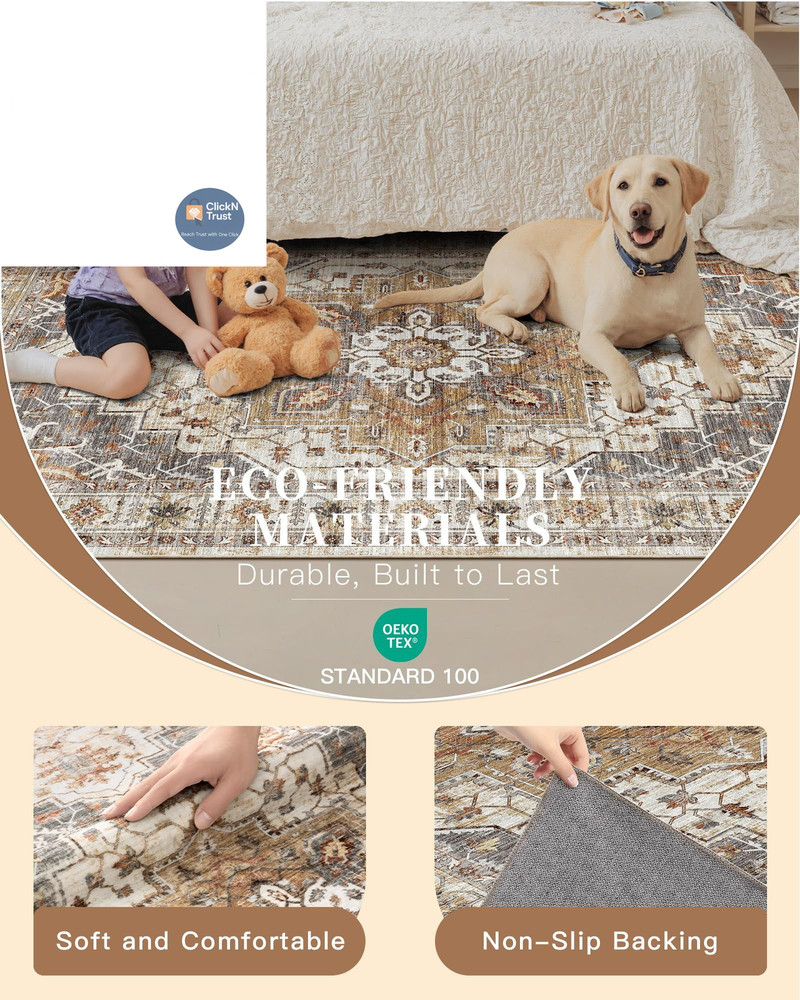Madane Washable Area Rug 2x3, Small 2' x 3' (Rectangular), Turmeric/Grey